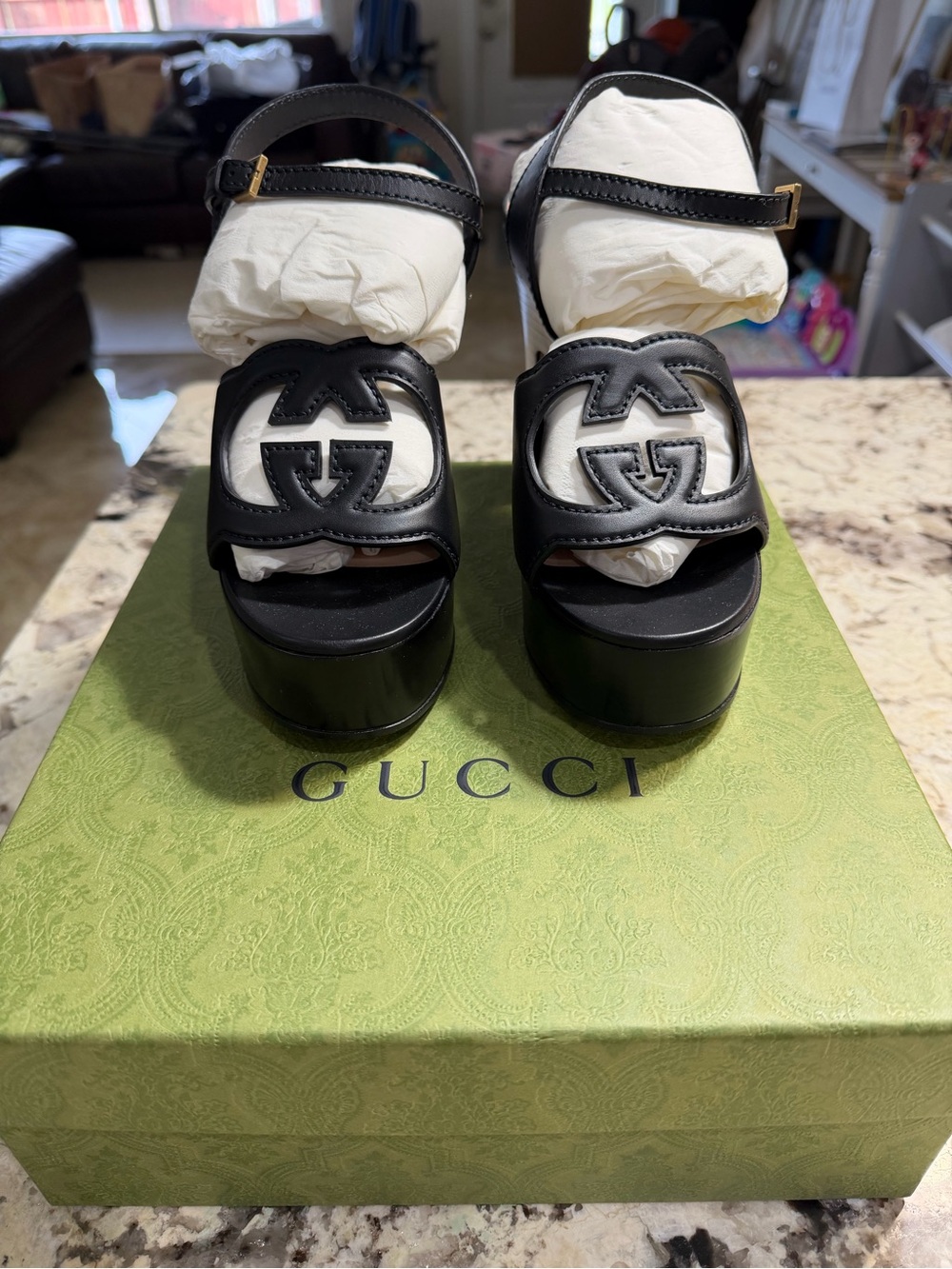 Gucci Black Leather Platform Sandals with Interlocking GG